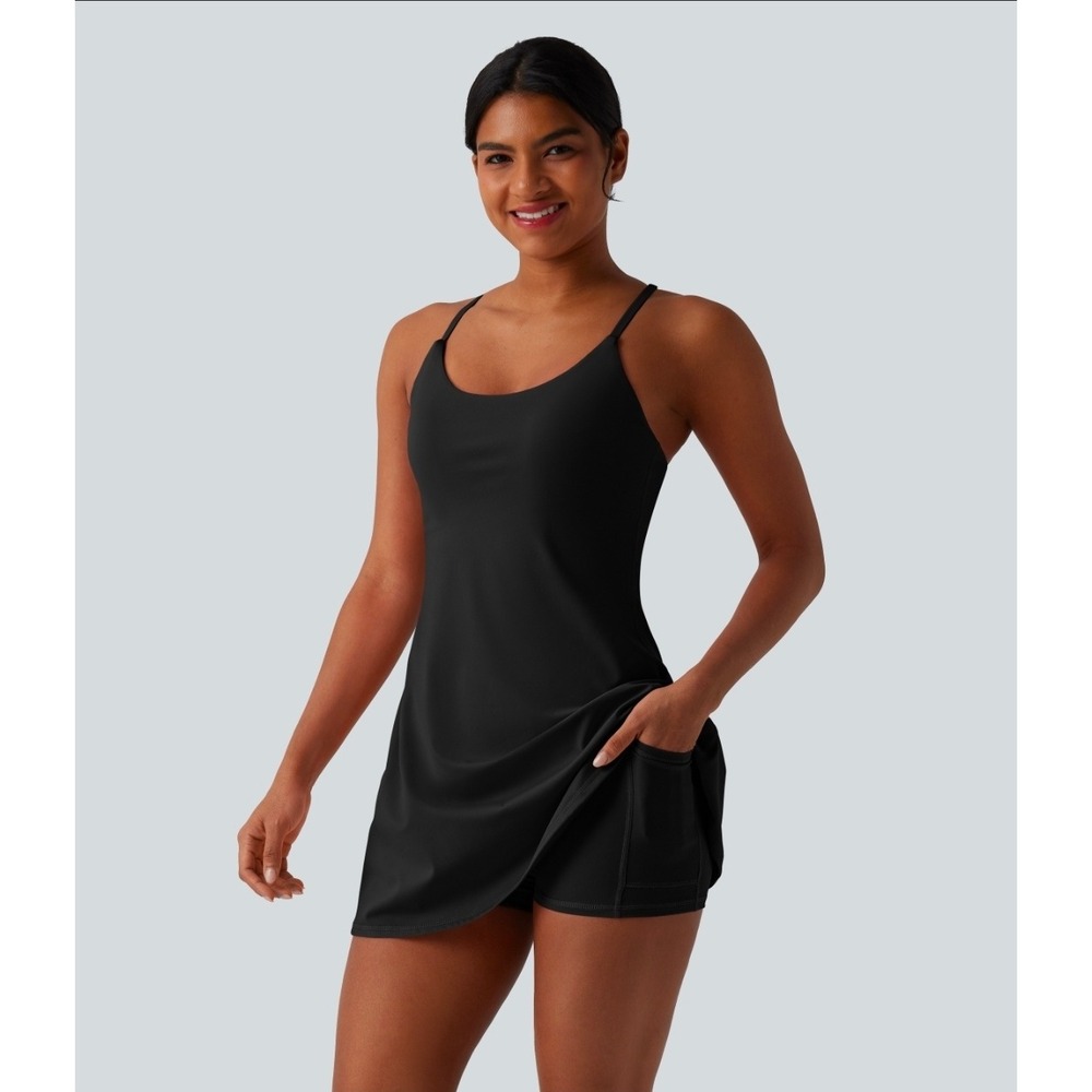 Halara Softlyzero Plush Tummy Control Active Dress Pockets Easy Peezy Black S